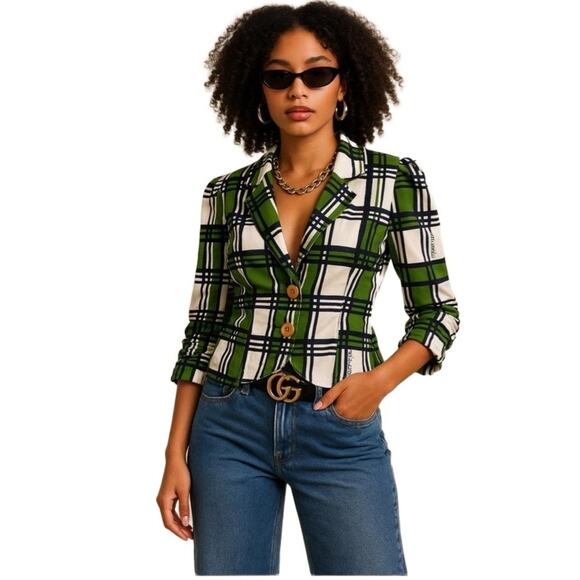 Fabulosity Jackets & Blazers - Fabulosity Blazer Women's L Vintage Green Navy Plaid Button‎ Cotton Stretch Y2K
